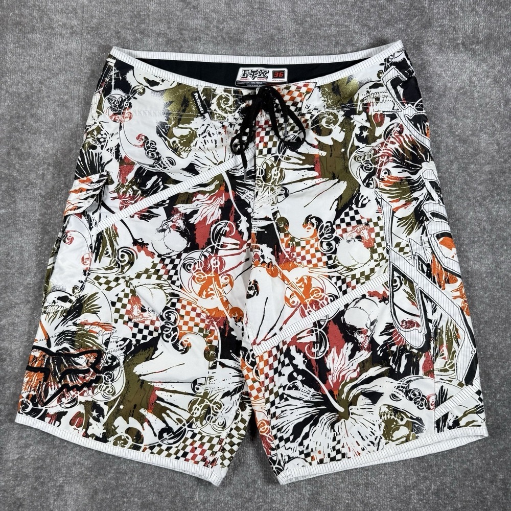 Fox Board Shorts Men's 36 Skull Checkered Floral Surfing Swim Beach Y2K Poolside